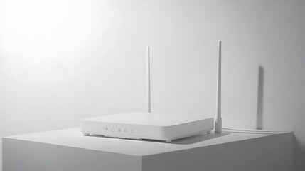 A modern white wireless router placed on a minimalist pedestal against a light background.