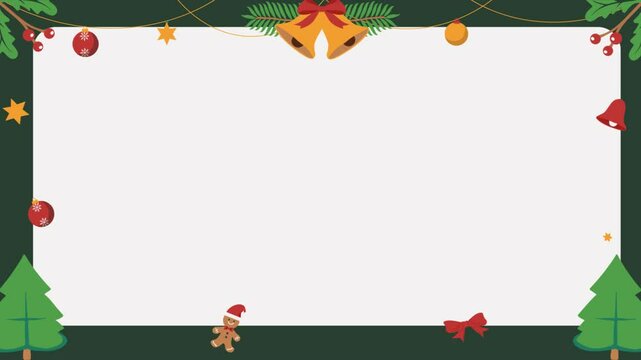 Christmas animated border banner with christmas tree, christmas ball, holy, bell. And green background
