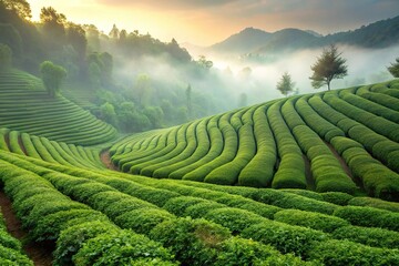 Green tea plantation with rows of tea plants in misty atmosphere, countryside, leaves, production, farmland