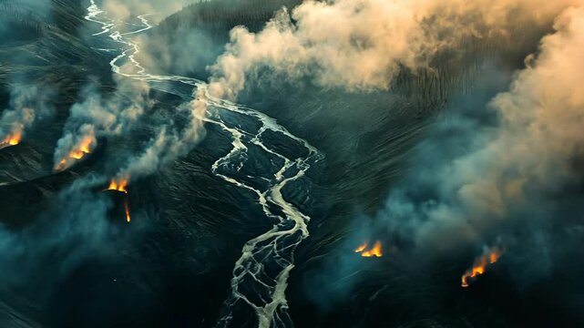 An aerial view of a river winding through a smoky landscape, likely caused by a recent wildfire
