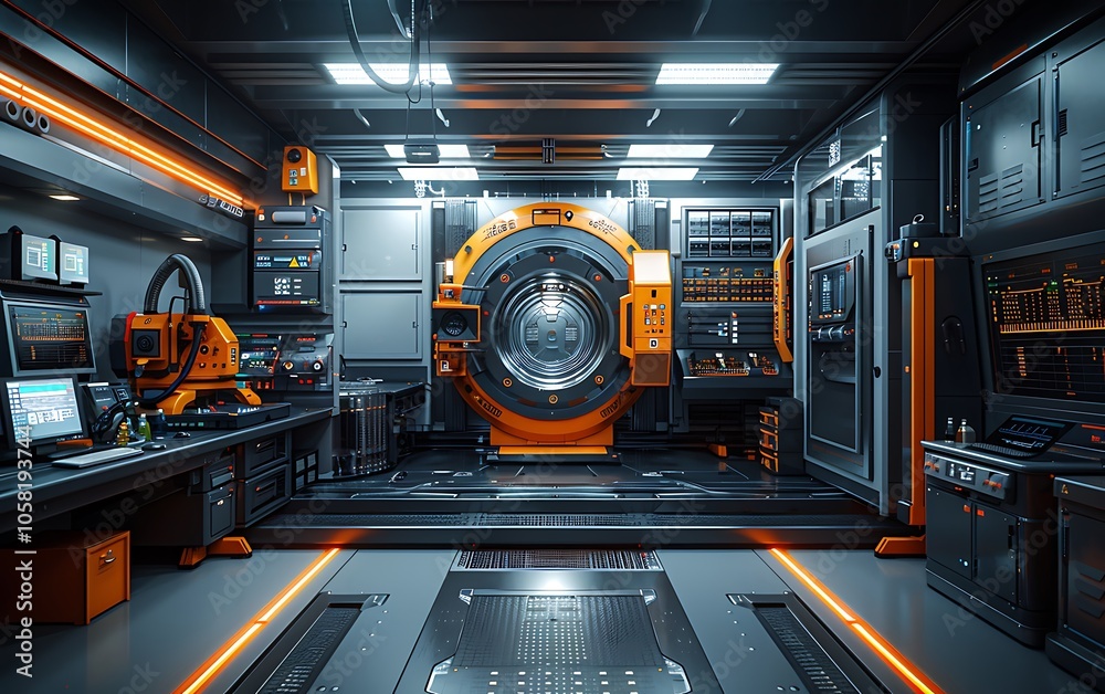Poster a futuristic control room featuring advanced technology, illuminated by vibrant orange lights, and e