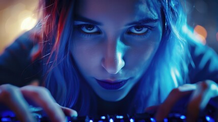 A vibrant scene unfolds as a girl DJ commands the console at a disco, her focus unwavering under the dazzling neon lights.