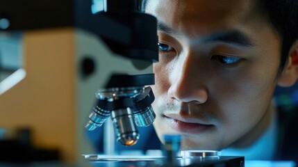Engineer examining a mechanical part under a microscope,