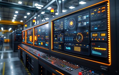 Naklejka premium A high-tech control room filled with advanced machinery interfaces, showcasing vibrant graphics and illuminated displays for monitoring and operations.