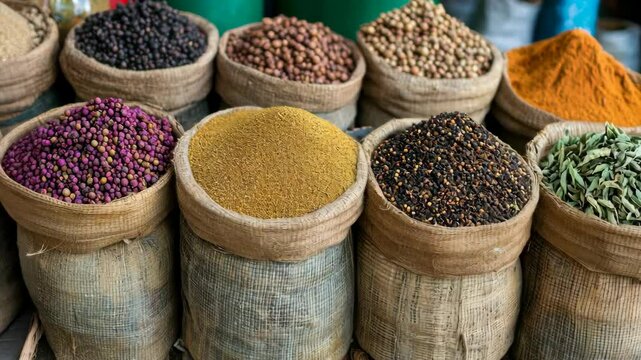 A row of burlap sacks filled with various spices sits in a market
