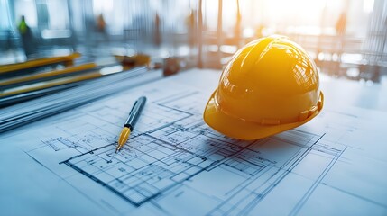 Modern commercial construction site, an engineer cross-referencing building blueprints with site progress, ensuring compliance with safety regulations and structural plans