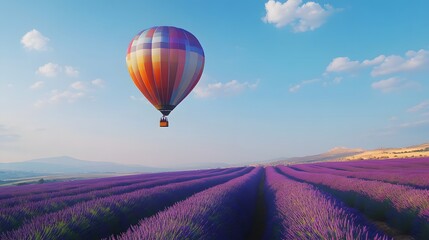 Fototapeta premium travel destination, beautiful dream inspirational landscape with hot air balloon flying above lavender fields . 