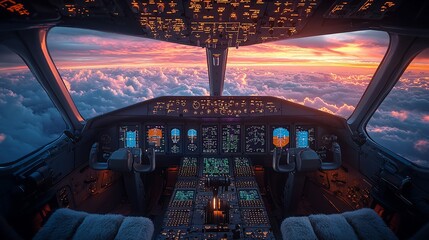 Airplane cockpit view with sunset and clouds through the windshield.