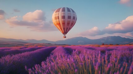 Fototapeta premium travel destination, beautiful dream inspirational landscape with hot air balloon flying above lavender fields . 