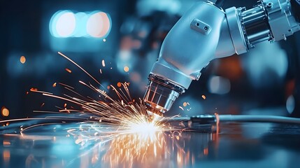 Heavy equipment factory scene with an engineer overseeing a robotic welding arm assembling parts, detailed focus on precision welding and equipment