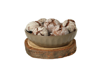 PNG, Chocolate cookies in bowl on wooden stand, isolated on white background
