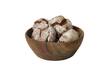 PNG, Chocolate crinkle cookies in wooden bowl, isolated on white background