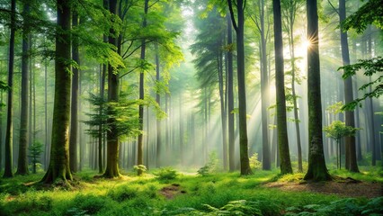 Obraz premium Majestic forest with tall trees and vibrant green foliage surrounded by a misty atmosphere, vegetation, nature background