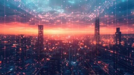 Fototapeta premium Double exposure of futuristic city with glowing lights.