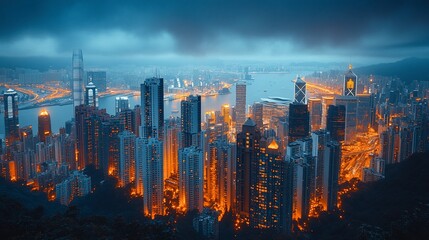 Fototapeta premium An aerial view of a city skyline at night, with tall buildings lit up by streetlights and a dark cloudy sky.