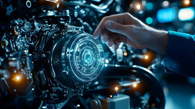 Intense focus on automotive engineer's hand evaluating engine during quality control, Engine assessment, technical inspection close-up