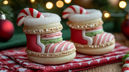 Festive macarons arranged like Santa's hat and mittens, holiday food illustration, artistic composition, isolated on white background