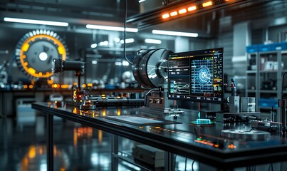 A futuristic laboratory featuring advanced technology, computer screens, and intricate machinery in a sleek, modern environment.