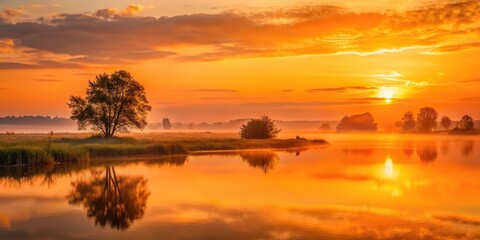 Obraz premium Morning sunrise over a peaceful landscape with an orange-colored sky, scenic vistas, dawn hours, natural scenery