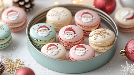 Fototapeta premium Festive macarons featuring Santa and elf designs, pastel colors, decorated with Christmas baubles in a tin, isolated on white background