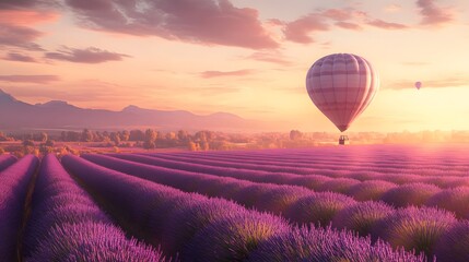 travel destination, beautiful dream inspirational landscape with hot air balloon flying above lavender fields . 