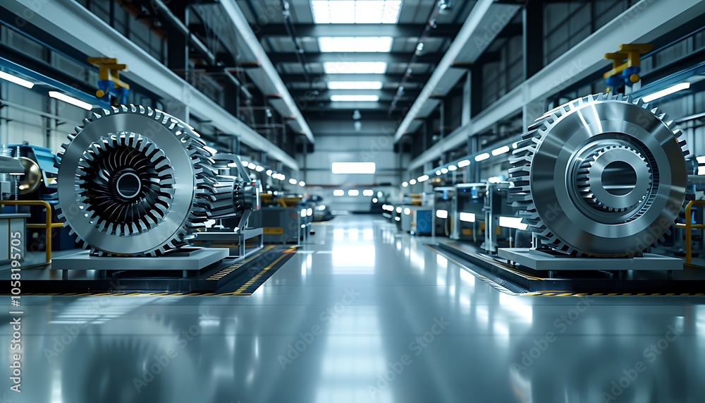 Aufkleber a modern industrial facility showcasing large turbine engines on display, illuminated by bright over