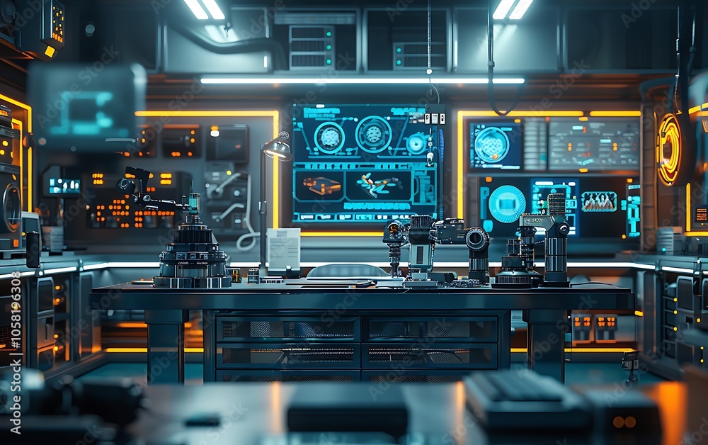 Poster a futuristic lab filled with high-tech equipment, glowing screens, and advanced monitors, creating a