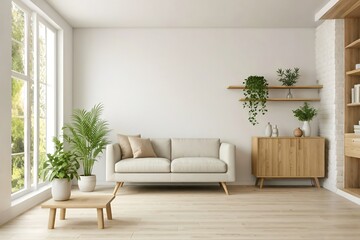Fototapeta premium Modern minimalist living room with sofa, plants, and wooden furniture.