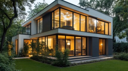 Fototapeta premium Modern suburban home with clean lines, large windows,