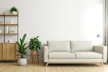 A modern living room interior with a white sofa, wooden shelves, and indoor plants.