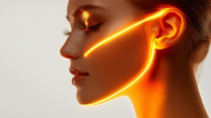 Fototapeta premium Youthful woman's face, golden skin-lifting lines tracing her cheekbones and jawline, highlighting a sense of timeless beauty, white background, soft lighting