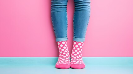 Colorful Polka Dot Socks Peeking Out From Rolled Jeans Against a Bright Pink Wall Background. National Sock Day Concept