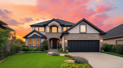 Modern two story house with stone facade and a large driveway at sunset