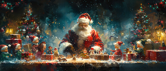 Santa Claus surrounded by cheerful elves and gifts at a festive Christmas celebration with a snowy backdrop