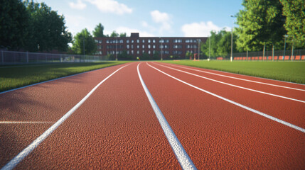 Fototapeta premium vibrant athletics field featuring red running track, surrounded by lush green grass and trees, with building in background. scene evokes sense of energy and activity