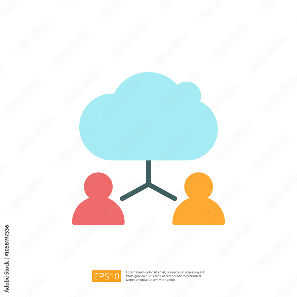 Poster a simplistic graphic depicting two figures connected by a cloud symbol, representing cloud computing