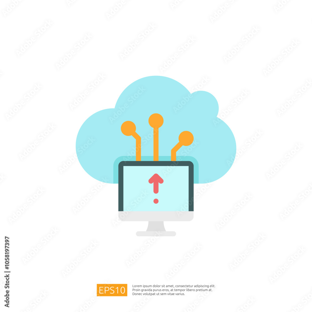 Poster a graphic representation of cloud computing, featuring a computer with an upward arrow and circuit-l
