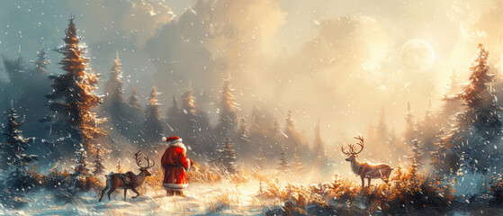 Santa Claus surrounded by winter forest with reindeer under a bright, snowy sky during the holiday season