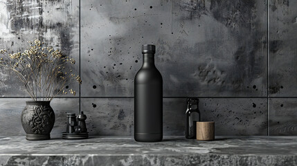 Black Beverage Bottle Mockup on Metallic Gray Background