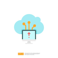 A graphic representation of cloud computing, featuring a computer with an upward arrow and circuit-like connections emerging from a cloud.