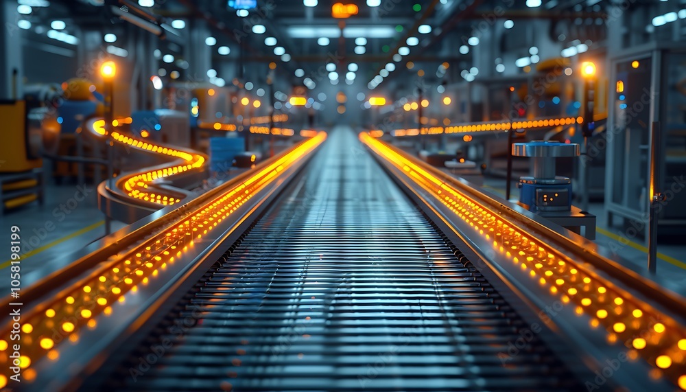 Aufkleber A well-lit conveyor belt system in a modern factory, showcasing smooth movement and illuminated pathways in an industrial environment.