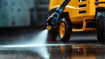 Fototapeta premium A close-up of a pressure washer nozzle spraying water onto a surface.