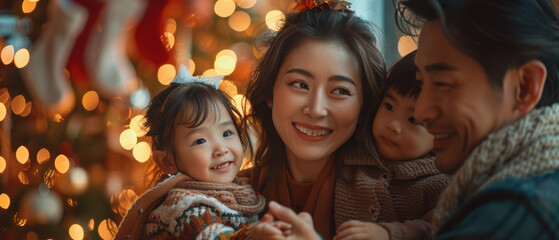 A joyful family celebrating together during Christmas at home, surrounded by festive decorations and a beautifully lit tree