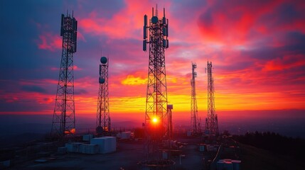 Communication towers silhouetted against a vibrant sunset.