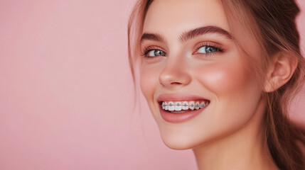 Fototapeta premium young woman with braces smiles brightly against soft pink background, showcasing her clear skin and natural beauty. Her joyful expression radiates confidence and happiness