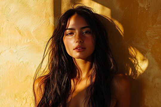 Portrait of an extremely beautiful young Mexican woman with long hair,...