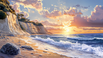 Fototapeta premium Serene coastal landscape with waves rocks sunsets sandy shores. Sandy Cliffs. Illustration