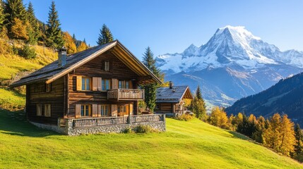 Fototapeta premium Traditional Swiss chalet with sloping roofs and wooden facades,
