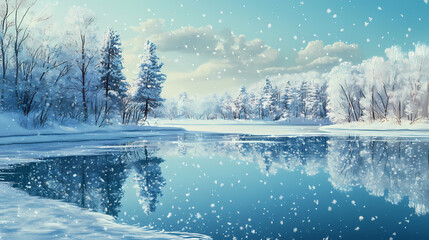 Serene frozen lake snow covered trees reflecting clear ice winter day, reflection, nature, landscape, white, cold, forest, scene, outdoor, beauty, still. Crystal Clear Ice Lake. Illustration