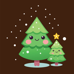 Cute Christmas Tree with Snowy Background and Smiling Faces